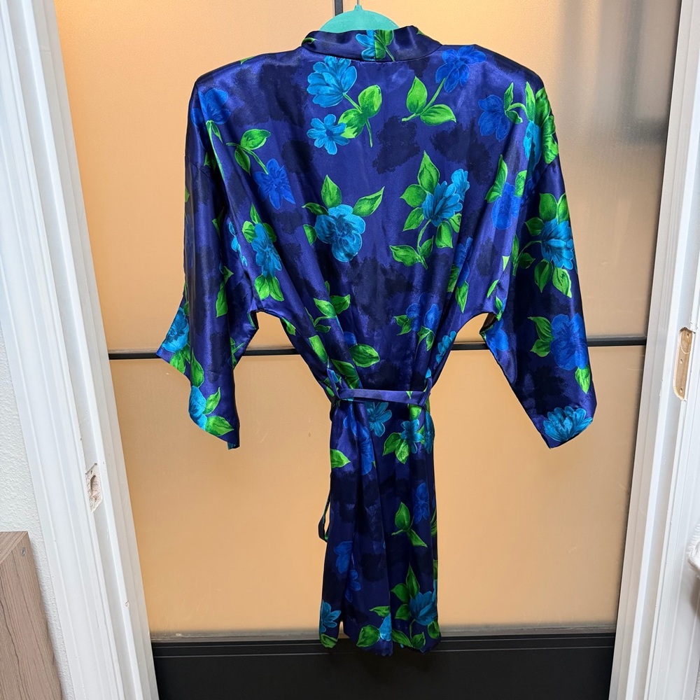 California Dynasty Vintage 80s Satin Floral Kimono Robe Navy Blue Green Sz L - Picture 3 of 8